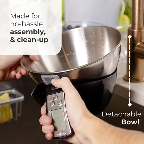 Fradel Digital Kitchen Food Scale with Bowl (Removable) and Measuring Cup - Stainless Steel, Backlight, 11lbs Capacity - Cooking, Baking, Gym, Diet - Precise Measuring (Black)