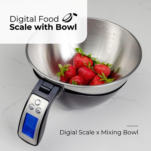 Fradel Digital Kitchen Food Scale with Bowl (Removable) and Measuring Cup - Stainless Steel, Backlight, 11lbs Capacity - Cooking, Baking, Gym, Diet - Precise Measuring (Black)