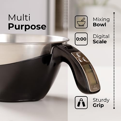 Fradel Digital Kitchen Food Scale with Bowl (Removable) and Measuring Cup - Stainless Steel, Backlight, 11lbs Capacity - Cooking, Baking, Gym, Diet - Precise Measuring (Black)
