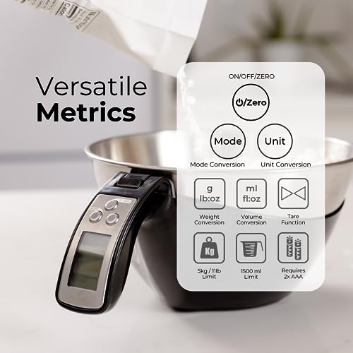 Fradel Digital Kitchen Food Scale with Bowl (Removable) and Measuring Cup - Stainless Steel, Backlight, 11lbs Capacity - Cooking, Baking, Gym, Diet - Precise Measuring (Black)